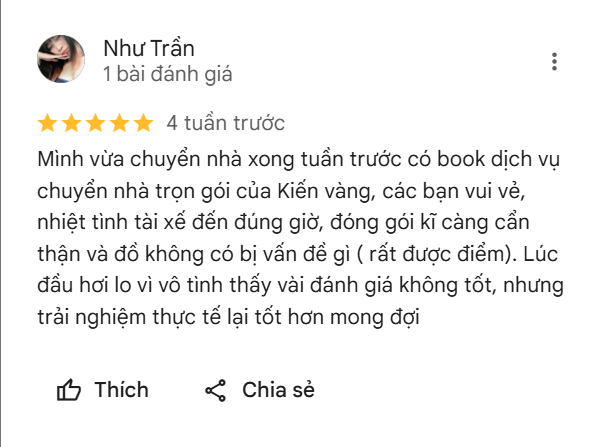 Review đánh giá 5 sao từ chị Như