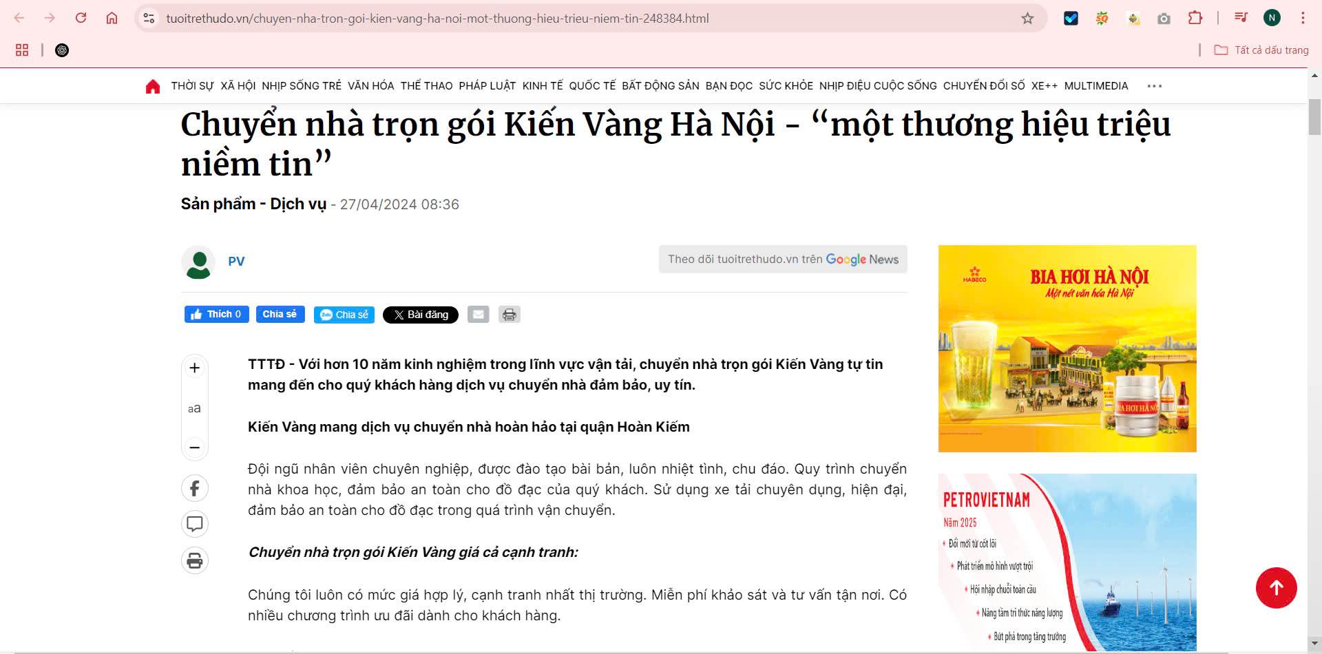 Báo Tuổi Trẻ Thủ Đô nói về Kiến Vàng