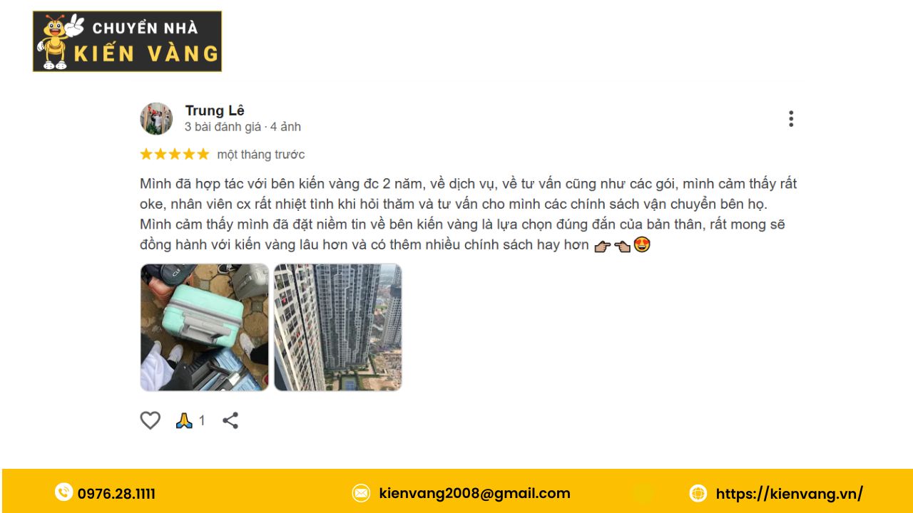 Dịch vụ chuyển nhà trọn gói xã Hưng Đạo tiết kiệm thời gian 5 Đánh giá về dịch vụ chuyển nhà Kiến Vàng từ anh Trung