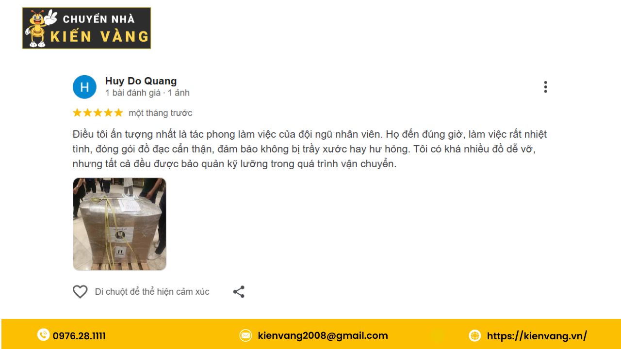 Dịch vụ chuyển nhà trọn gói xã Bát Tràng chuyên nghiệp uy tín 3 Đánh giá của anh Huy khi sử dụng dịch vụ chuyển nhà trọn gói xã Bát Tràng