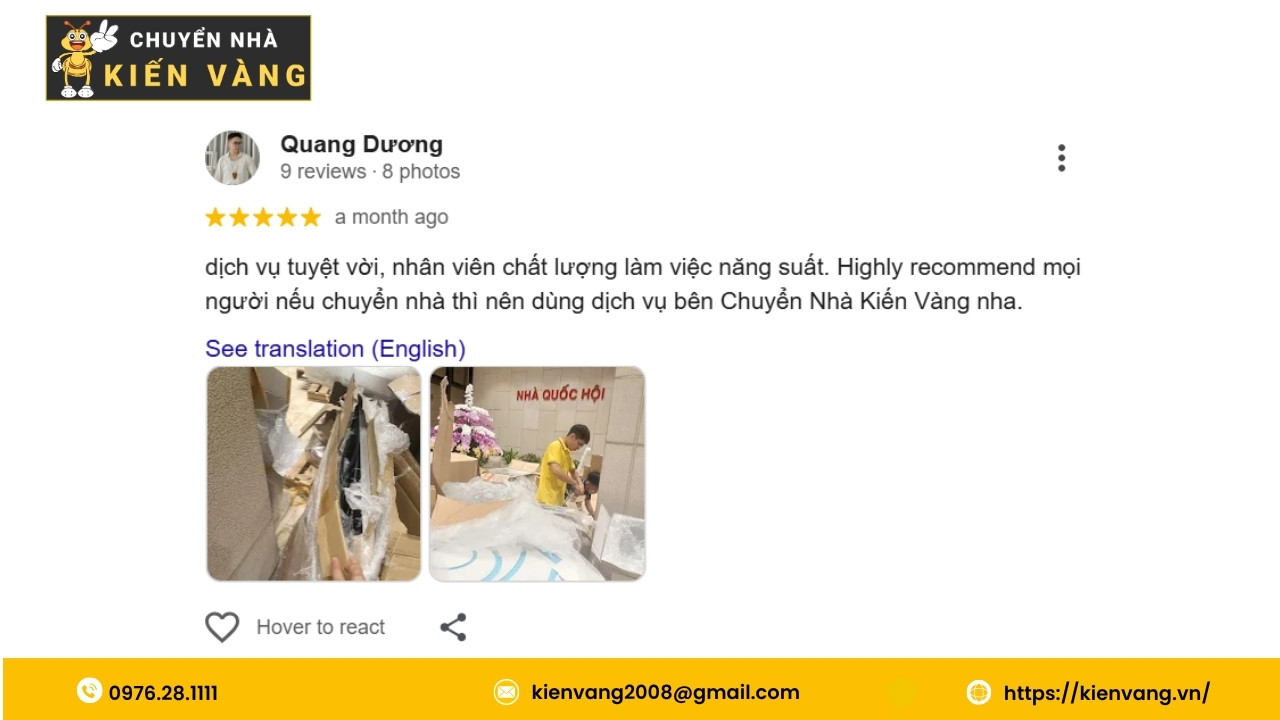 Dịch vụ chuyển nhà trọn gói xã Nam Phù uy tín và nhanh chóng 5 Đánh giá của anh Quang Dương