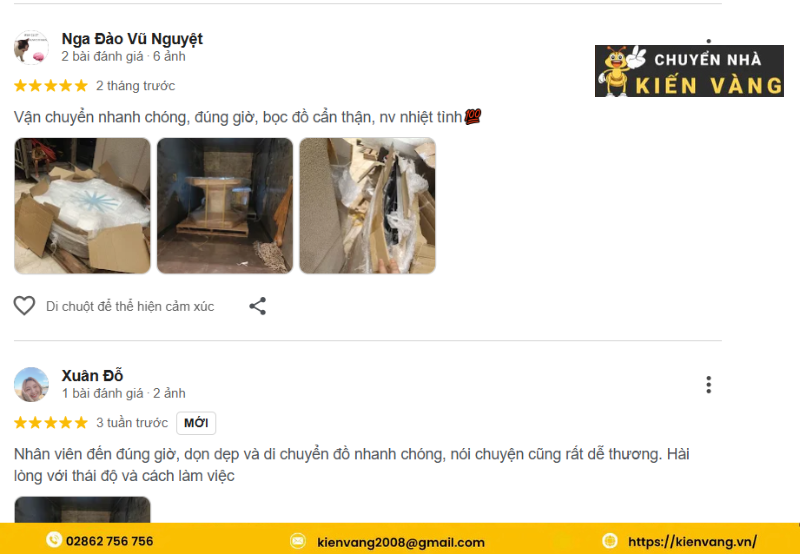 Đánh giá của khách hàng về dịch vụ vận chuyển nhà của Kiến Vàng