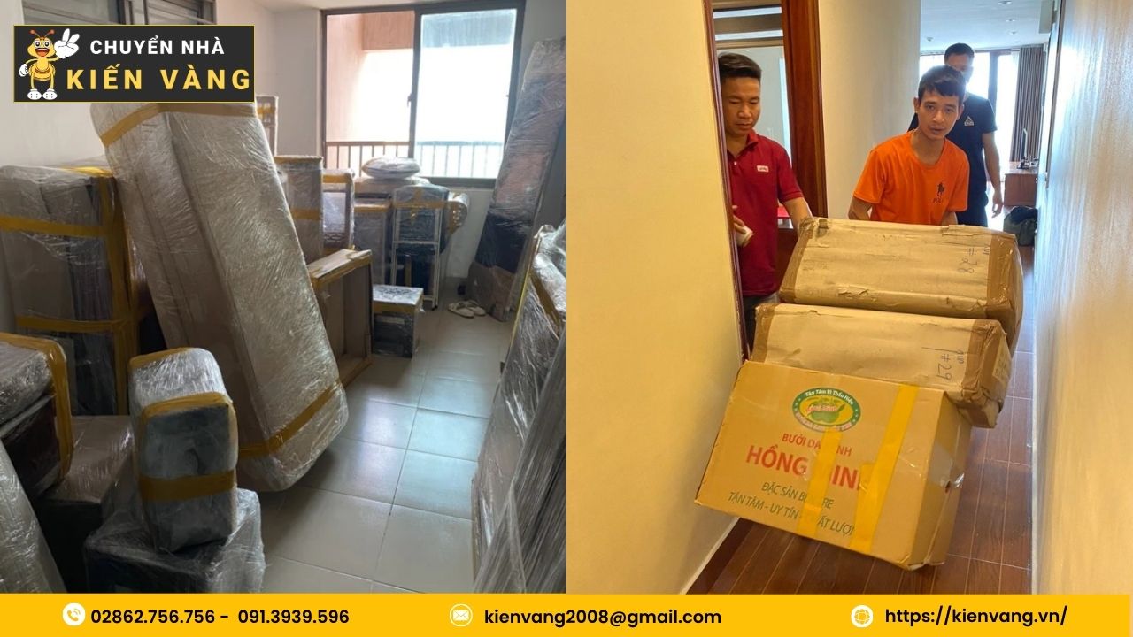 Nhân viên Kiến Vàng đóng gói đồ đạc chuyên nghiệp, luôn niềm nở với khách hàng